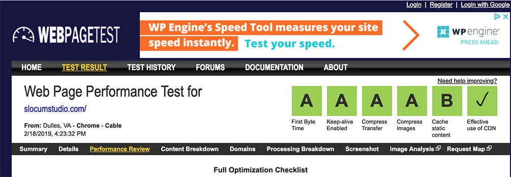 Speed page testing