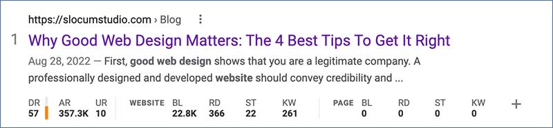 Google view of URL listed on page Web page tips get your page ranked
