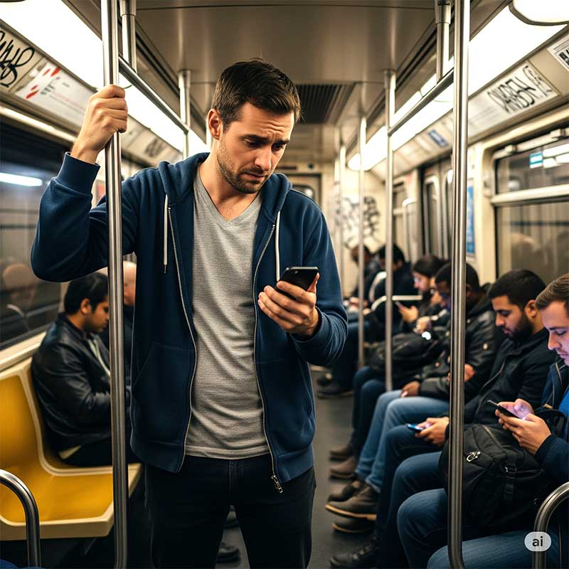 Man on a subway looking at his phone What is CVR 